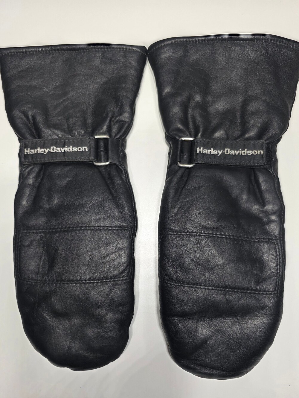 Harley-Davidson Vintage Black Leather Mittens Velcro Wrist Strap Size Large
